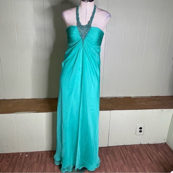 Vintage Y2K Mermaid Fairy Fantasy Cache Turquoise Beaded Halter Prom Gown 4 - Picture 4 of 13